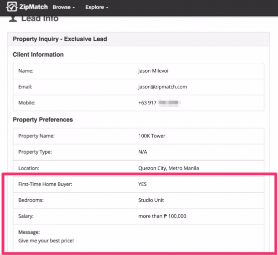 ZipMatch lead details